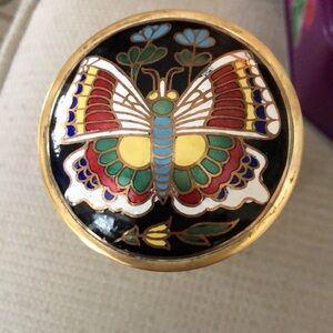 Enamel cloisonné butterfly brass trinket box cylinder shape